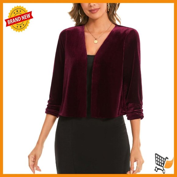 Sweaters - Velvet Cropped Cardigan Shrug 3/4 Sleeve Open Front Ruched Cocktail Party